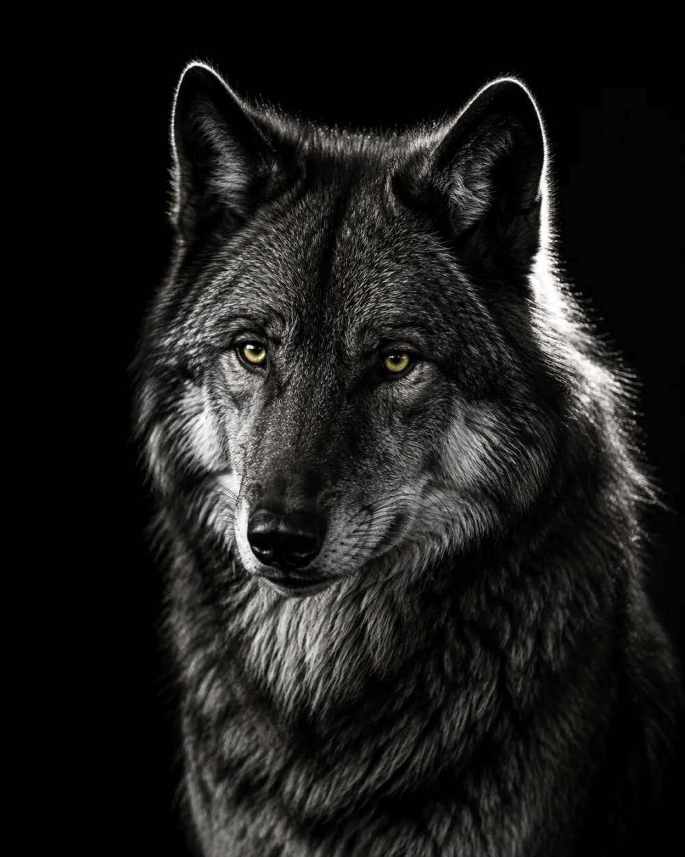 A silver wolf looking straight ahead